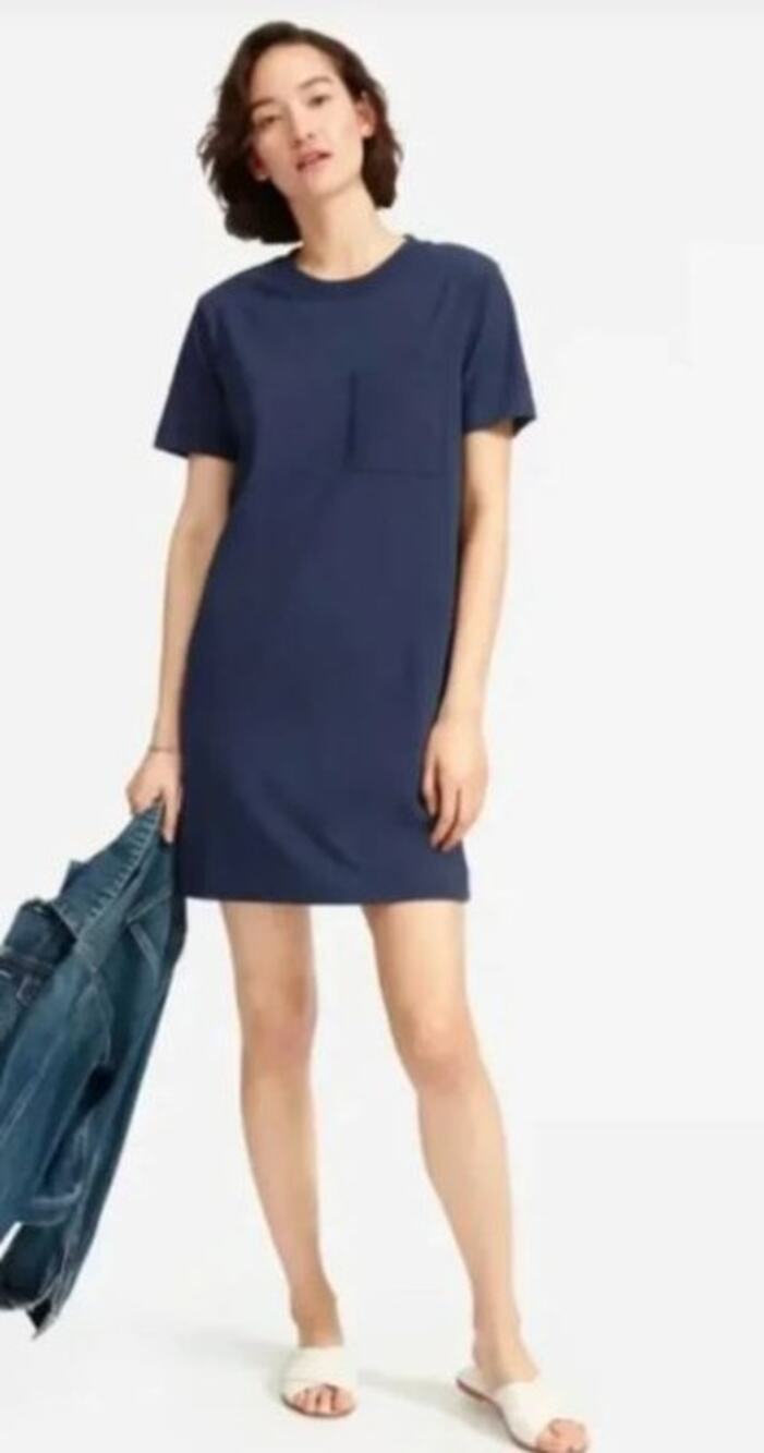 Everlane Size Medium Weekend Tee Dress Navy Cotton Patched Pocket Crew Neck